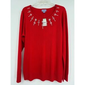 Laura Scott‎ Red Dress Up Embellished Long Sleeve Office Sweater Preppy Holiday